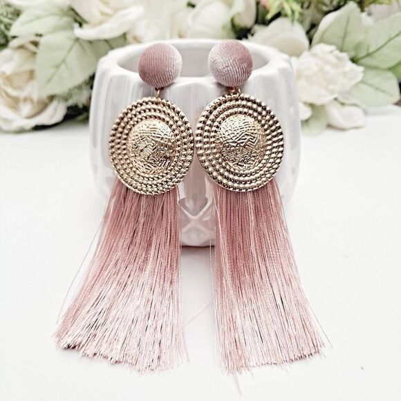 Gold earrings Womens pink oversized long boho tassel Fringe feminine 💖2/$30 - Picture 1 of 12